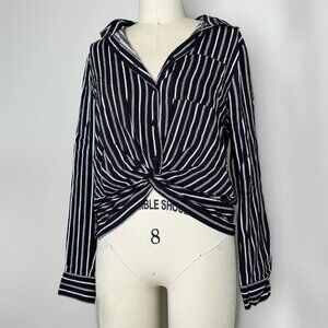 Haute Monde Women's blouse large long sleeve knotted top black and white stripe